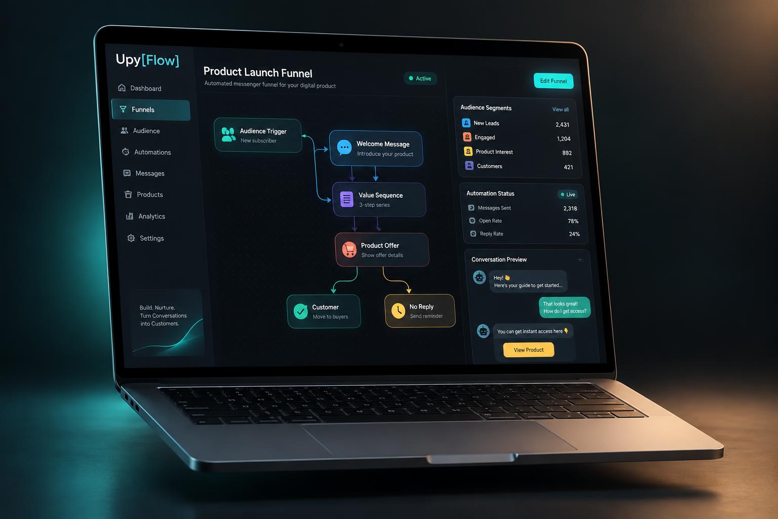 Illustrative MacBook mockup showing the Upy Flow automated messenger funnel dashboard
